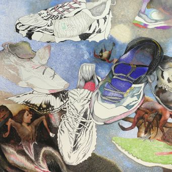 Agnes Märkel – „Hypebeasts“, 2024, Pastell und Fotocollage auf Papier, 98 x 140 cm